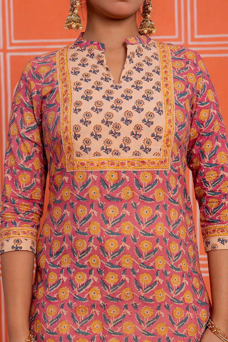 Coral Rust Hand Block Kurta Set with Chiffon Dupatta