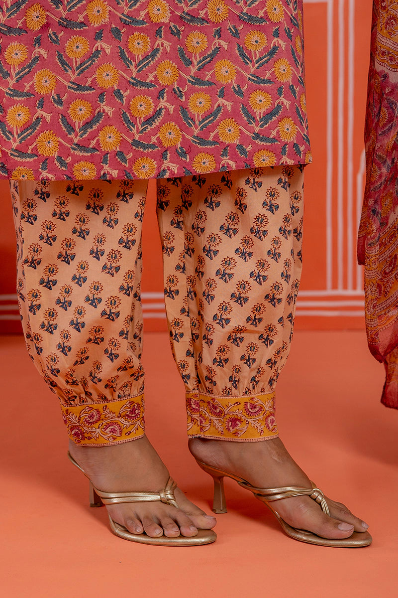 Coral Rust Hand Block Kurta Set with Chiffon Dupatta