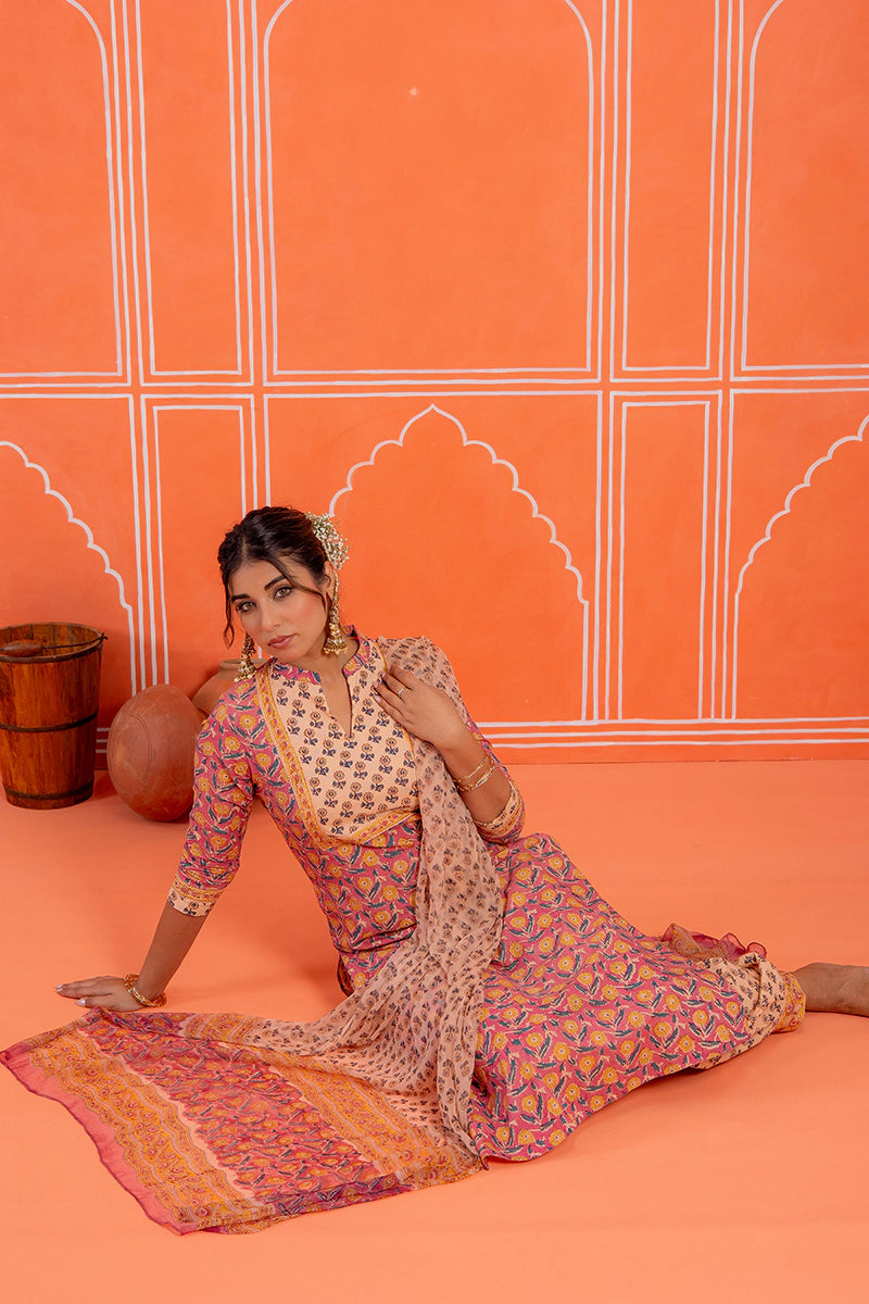Coral Rust Hand Block Kurta Set with Chiffon Dupatta