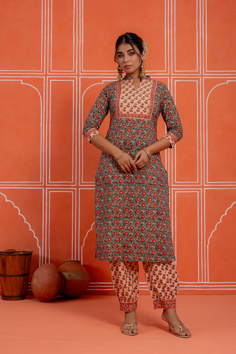 Sage Green Hand Block Kurta Set with Chiffon Dupatta