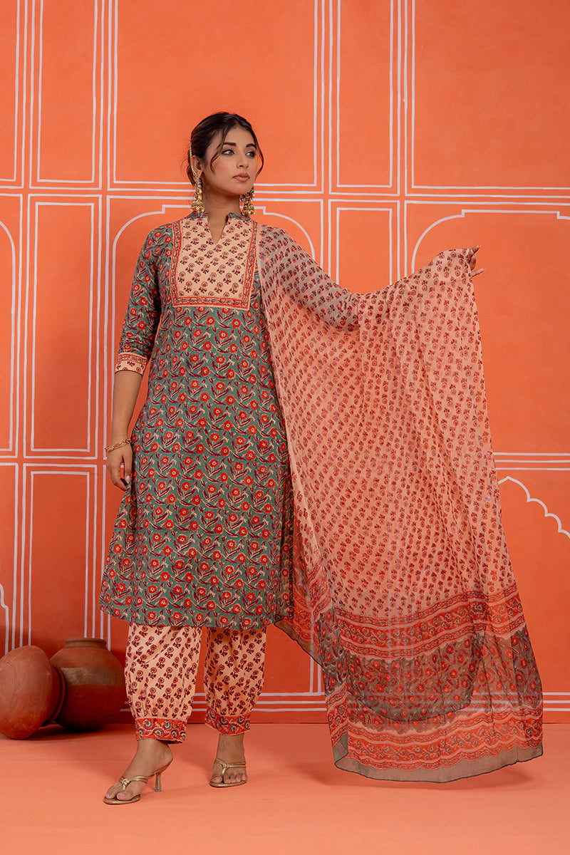 Sage Green Hand Block Kurta Set with Chiffon Dupatta