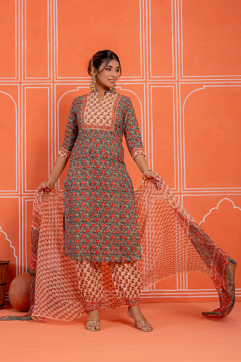 Sage Green Hand Block Kurta Set with Chiffon Dupatta