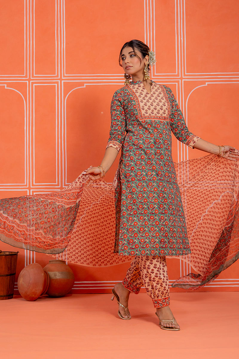 Sage Green Hand Block Kurta Set with Chiffon Dupatta
