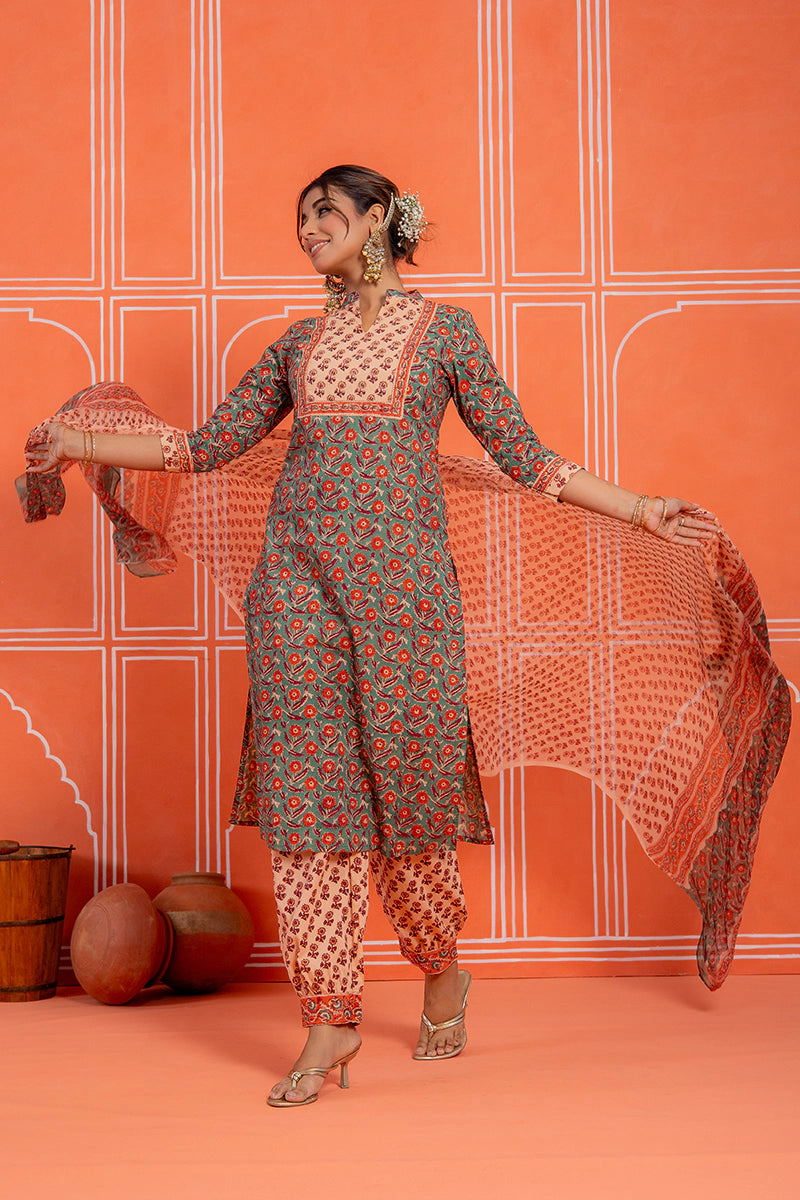 Sage Green Hand Block Kurta Set with Chiffon Dupatta