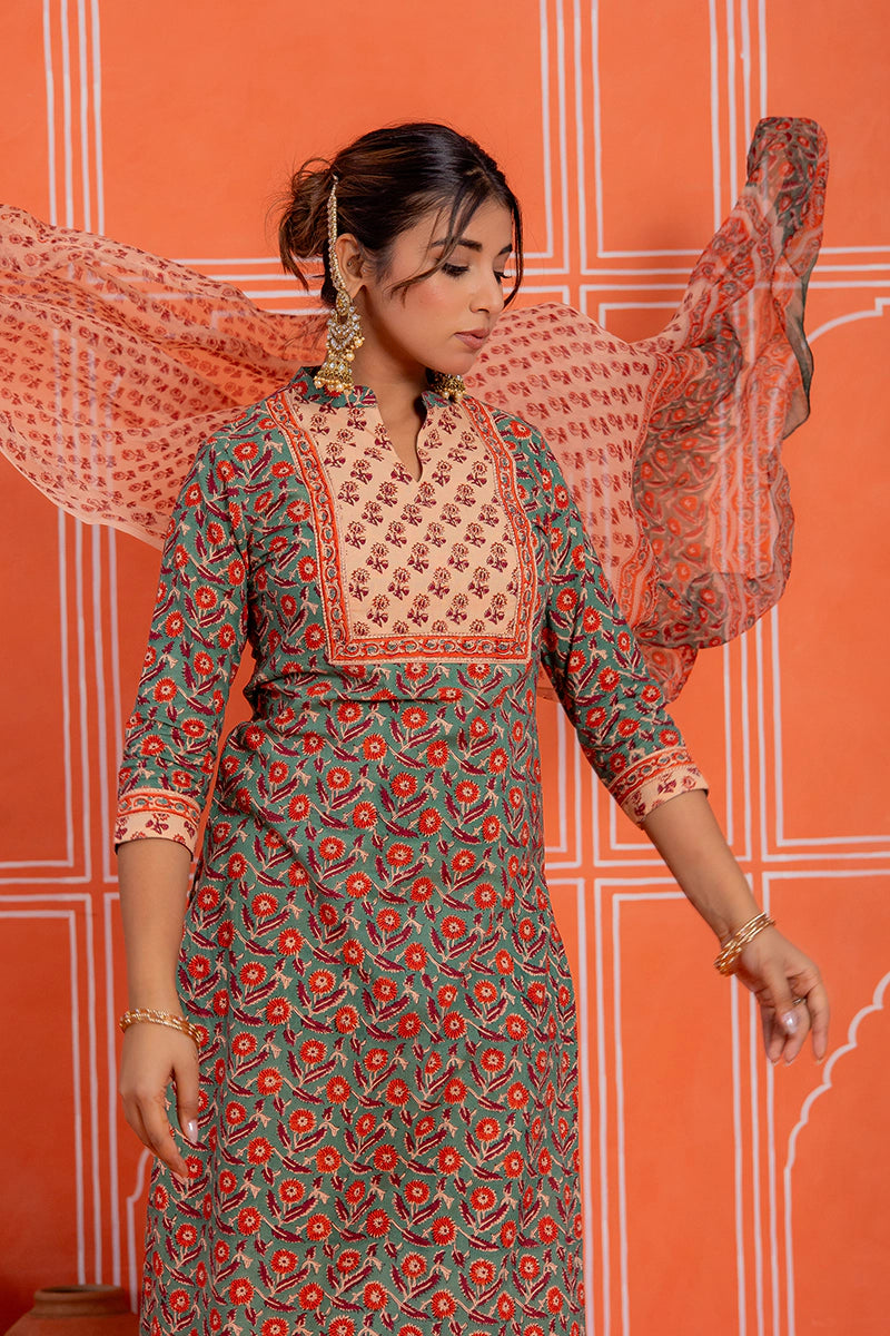 Sage Green Hand Block Kurta Set with Chiffon Dupatta