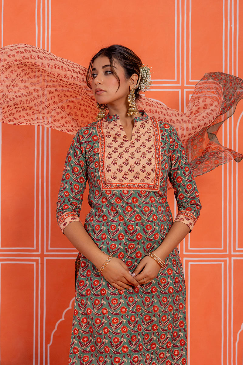 Sage Green Hand Block Kurta Set with Chiffon Dupatta
