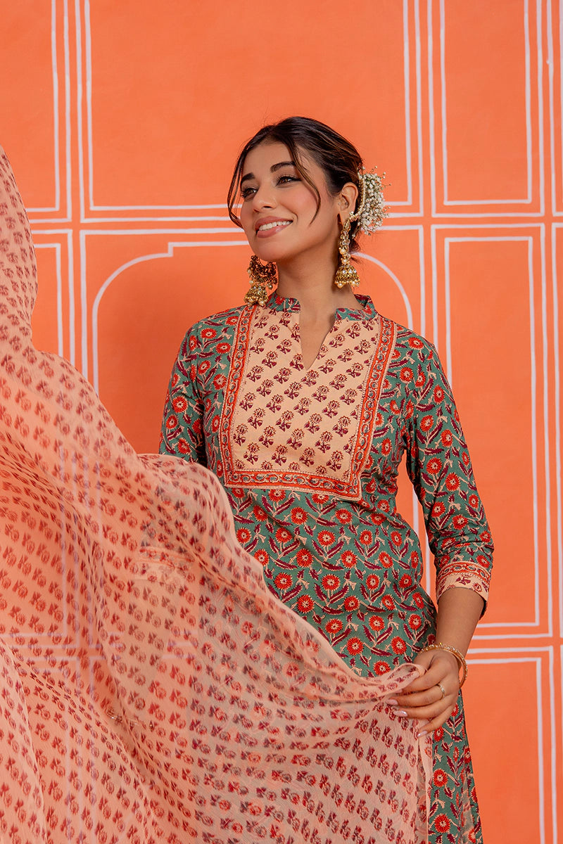 Sage Green Hand Block Kurta Set with Chiffon Dupatta