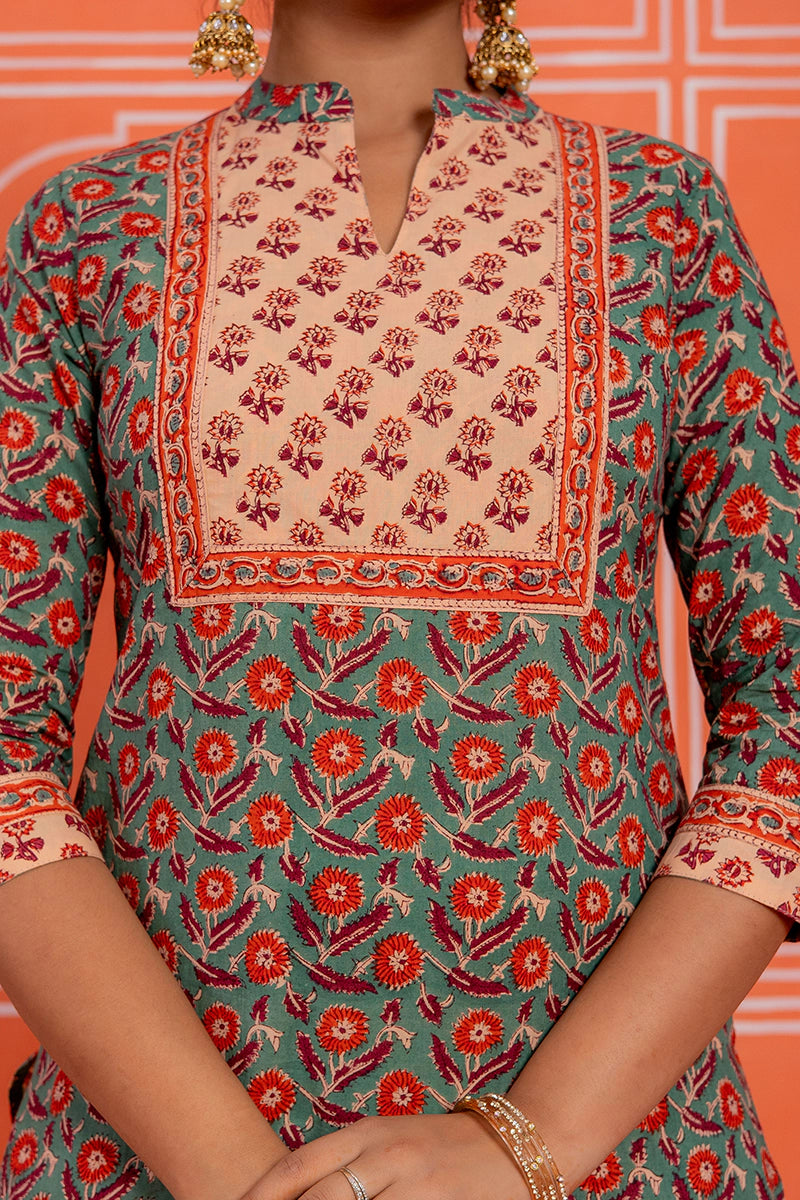 Sage Green Hand Block Kurta Set with Chiffon Dupatta