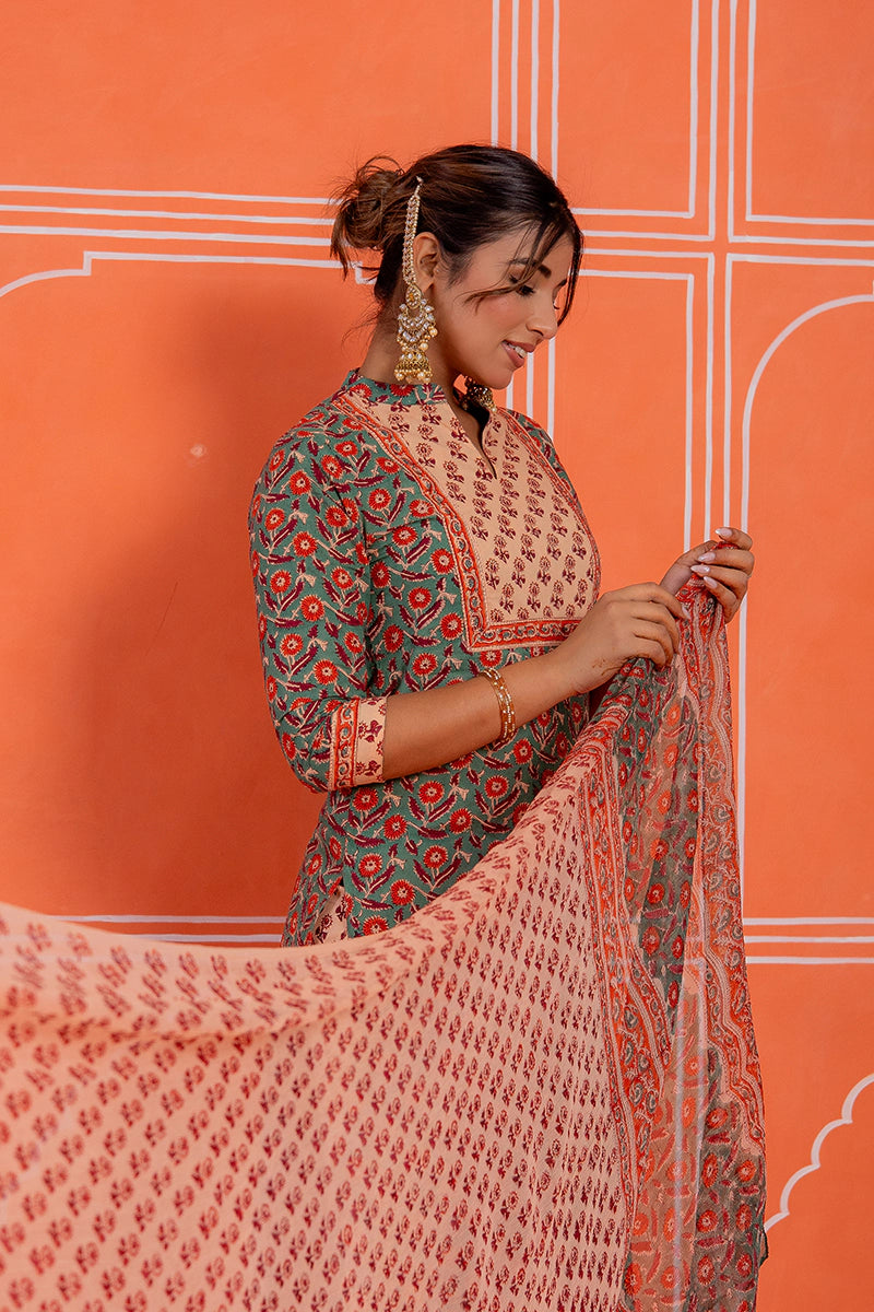 Sage Green Hand Block Kurta Set with Chiffon Dupatta