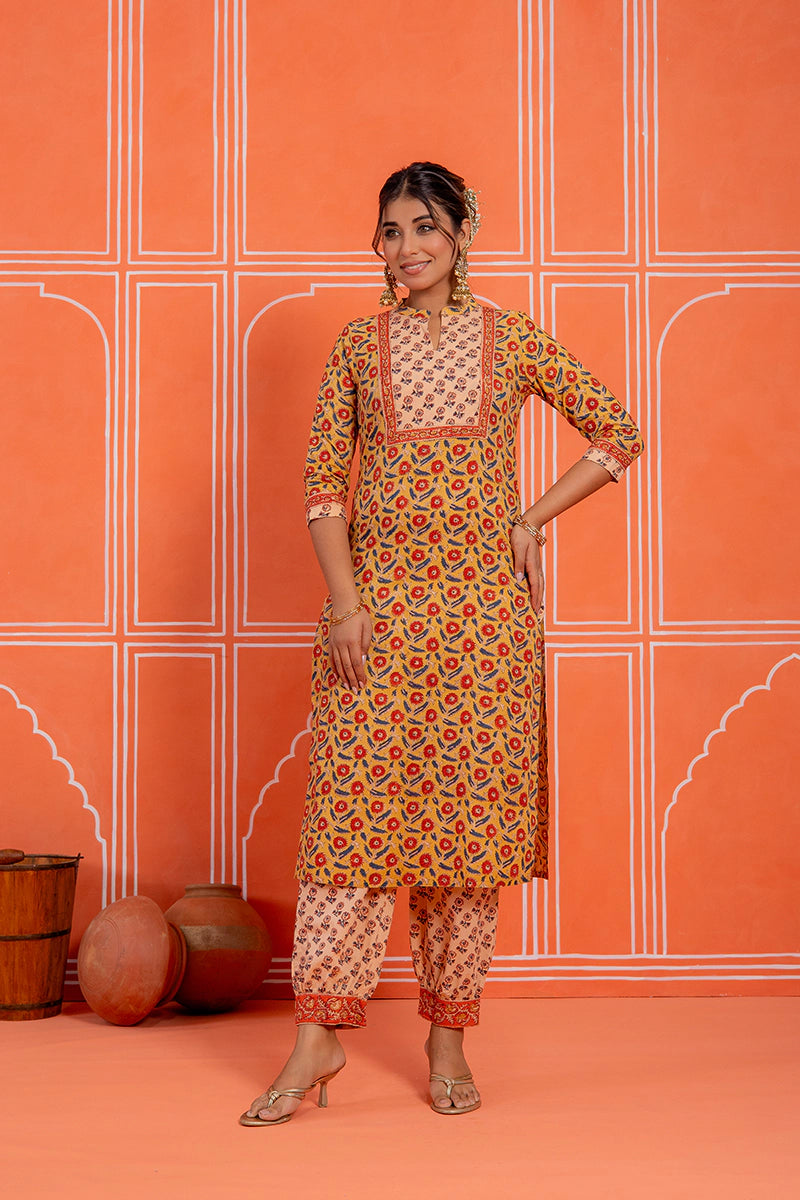 Mustard Hand Block Kurta Set with Dupatta
