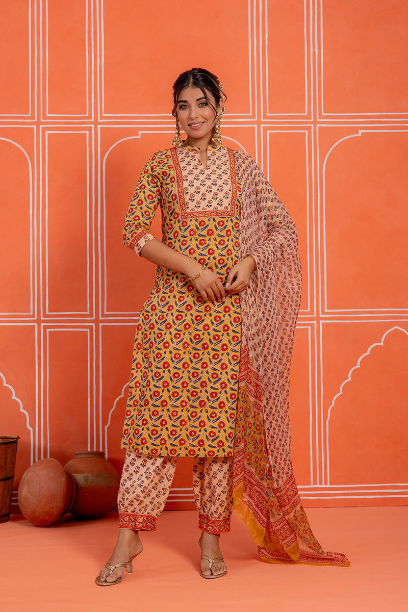 Mustard Hand Block Kurta Set with Dupatta