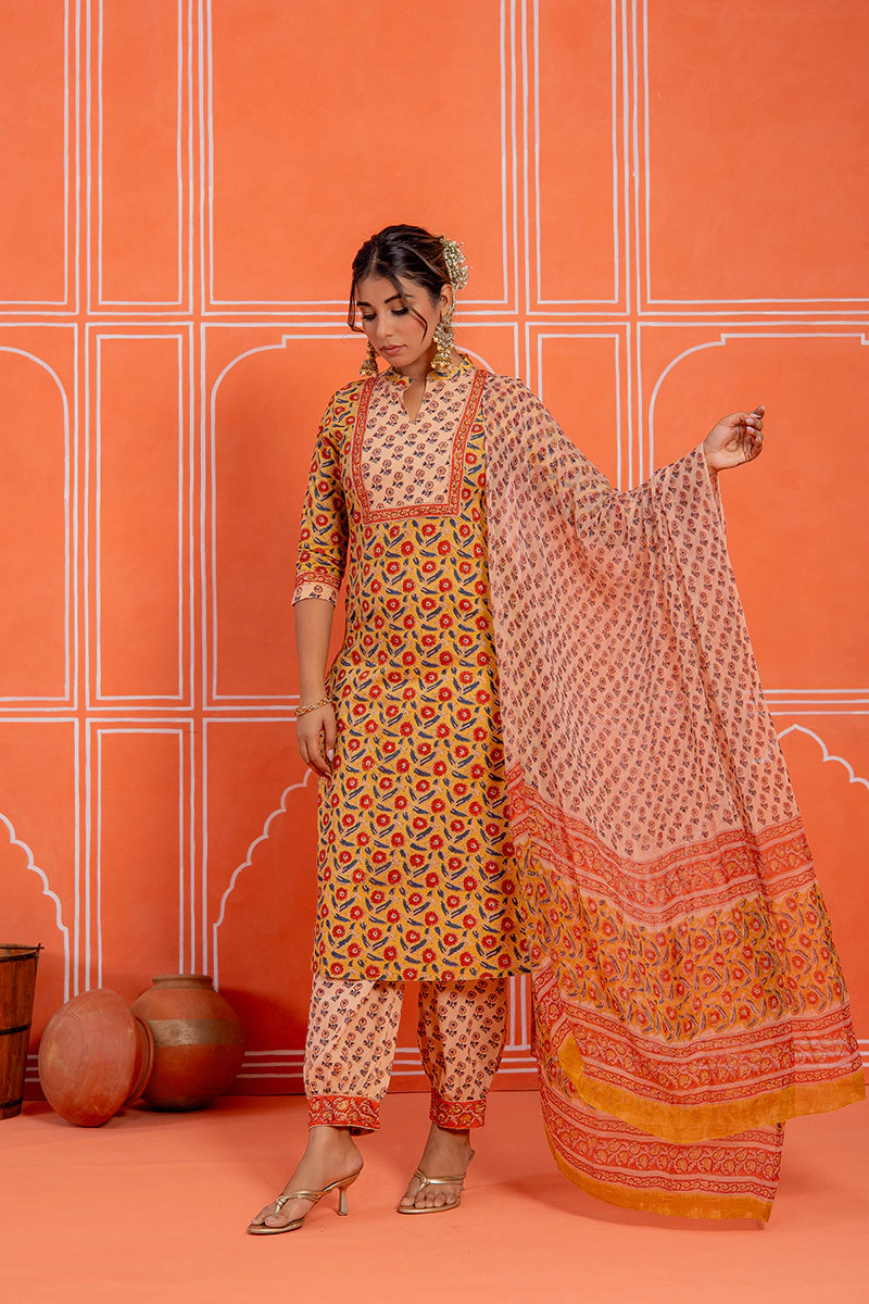 Mustard Hand Block Kurta Set with Dupatta
