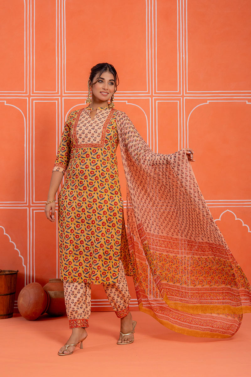 Mustard Hand Block Kurta Set with Dupatta