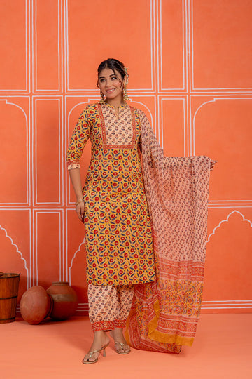 Mustard Hand Block Kurta Set with Dupatta