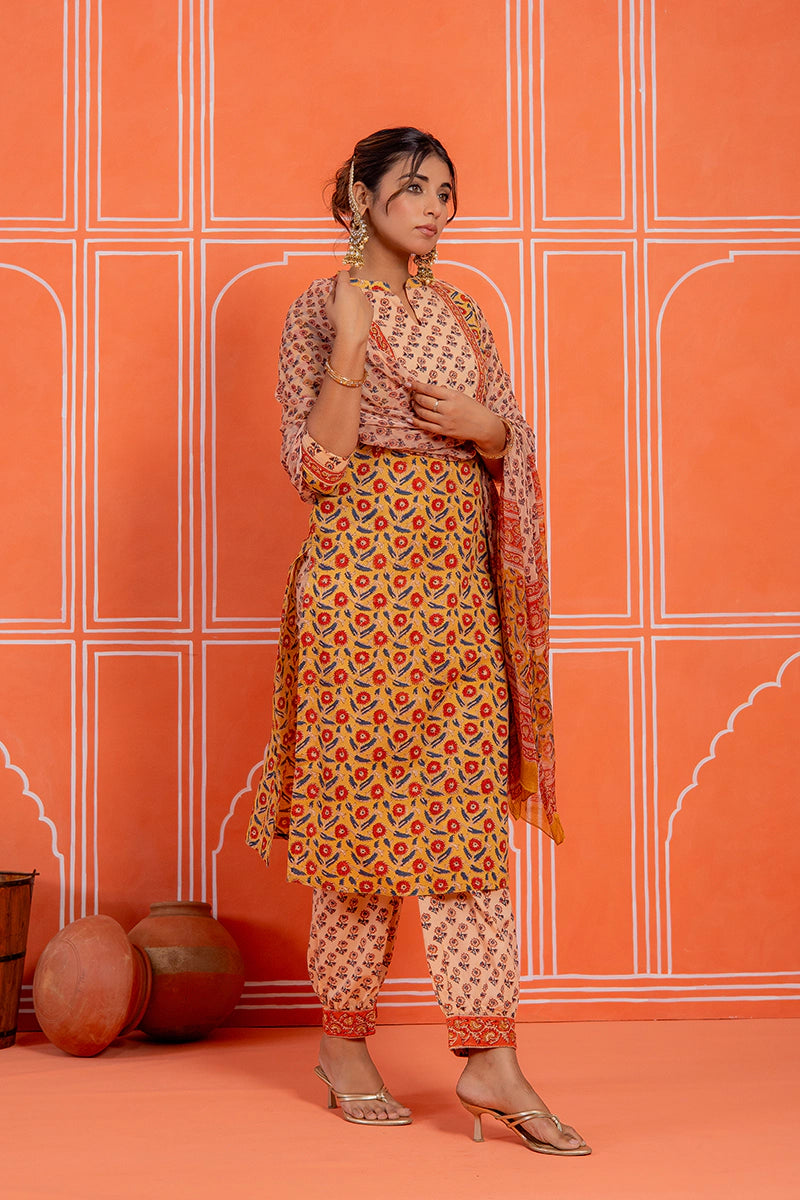 Mustard Hand Block Kurta Set with Dupatta