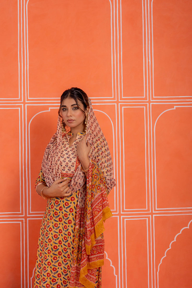 Mustard Hand Block Kurta Set with Dupatta