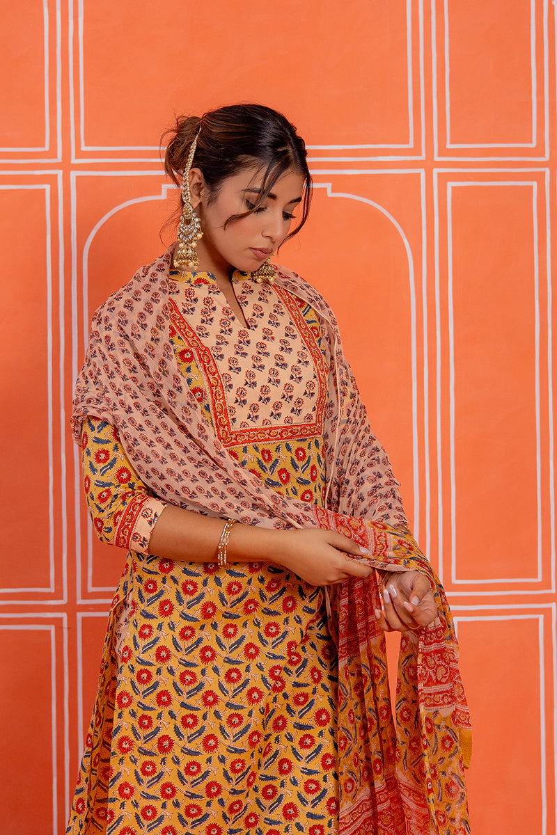 Mustard Hand Block Kurta Set with Dupatta