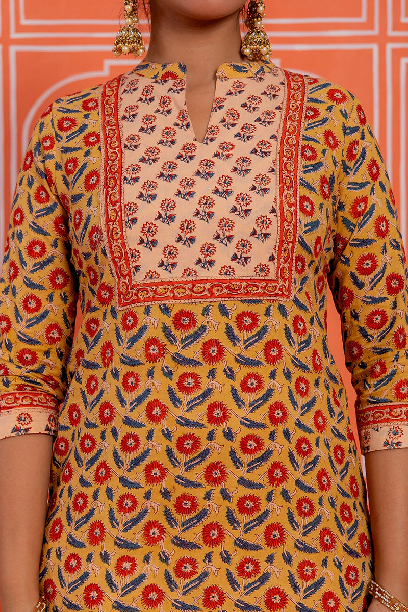 Mustard Hand Block Kurta Set with Dupatta