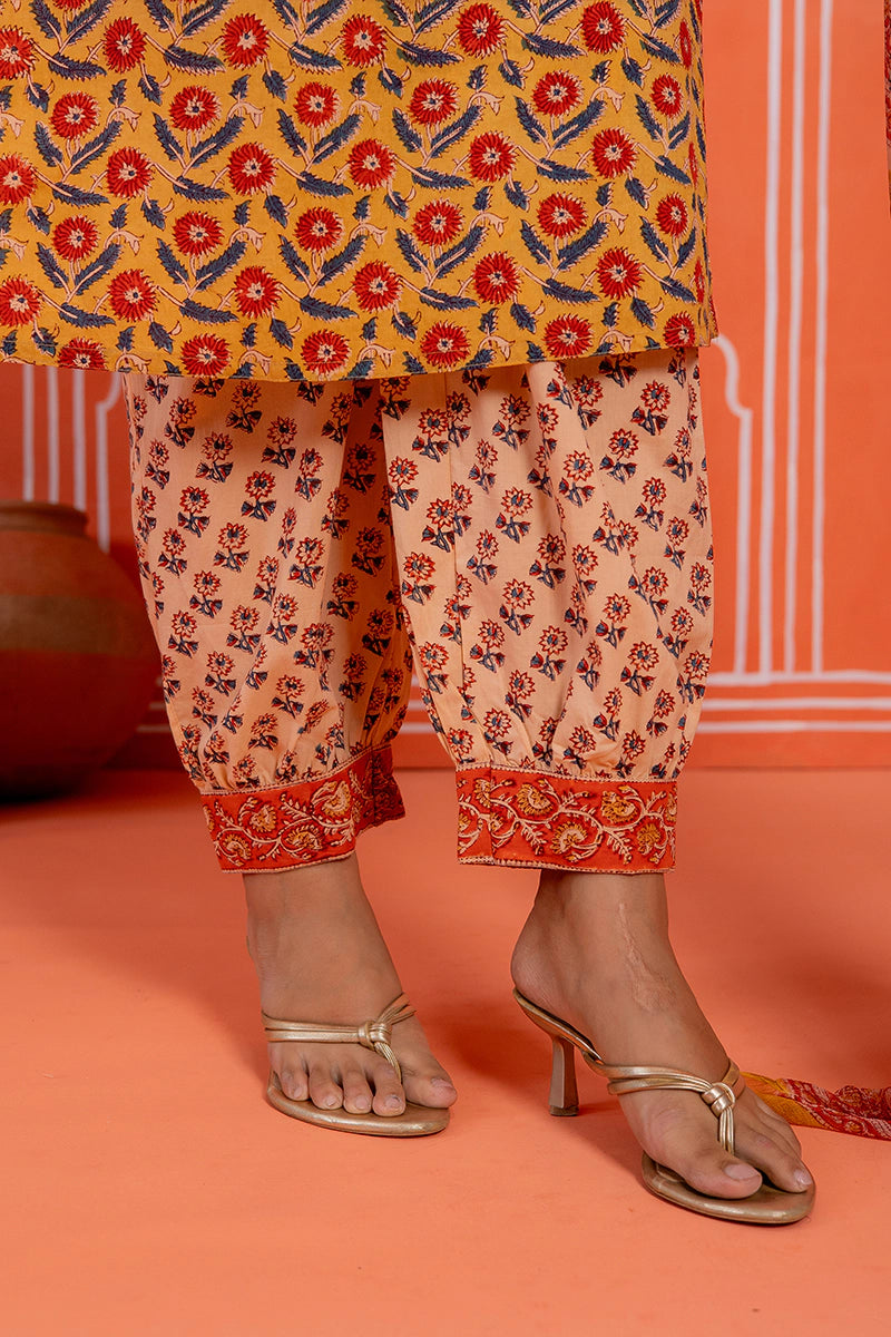 Mustard Hand Block Kurta Set with Dupatta