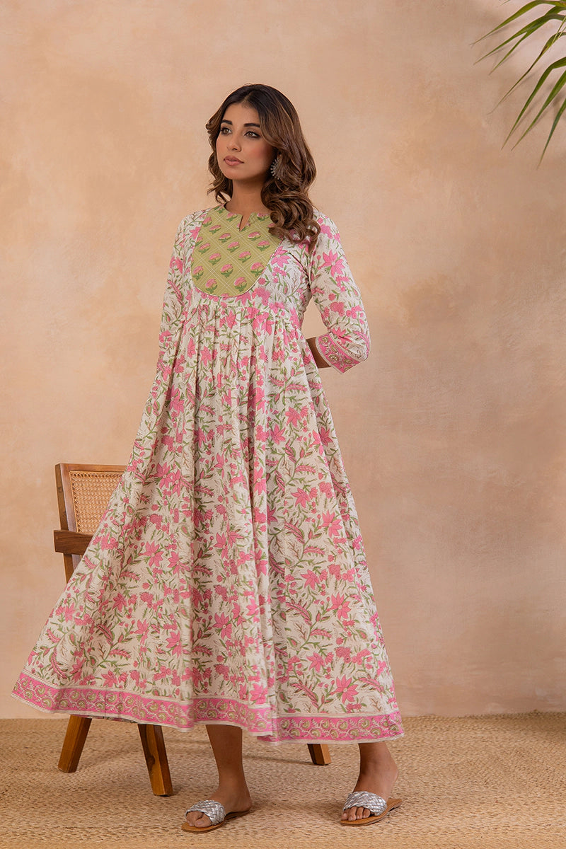 Olive Green Hand Block Anarkali Kurta