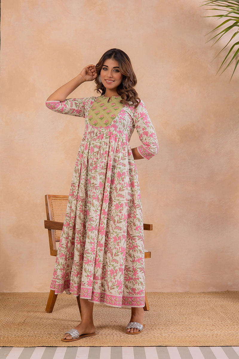 Olive Green Hand Block Anarkali Kurta