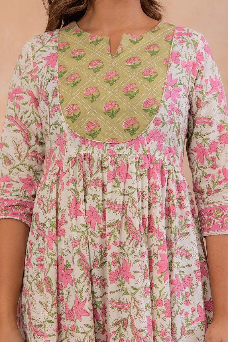 Olive Green Hand Block Anarkali Kurta