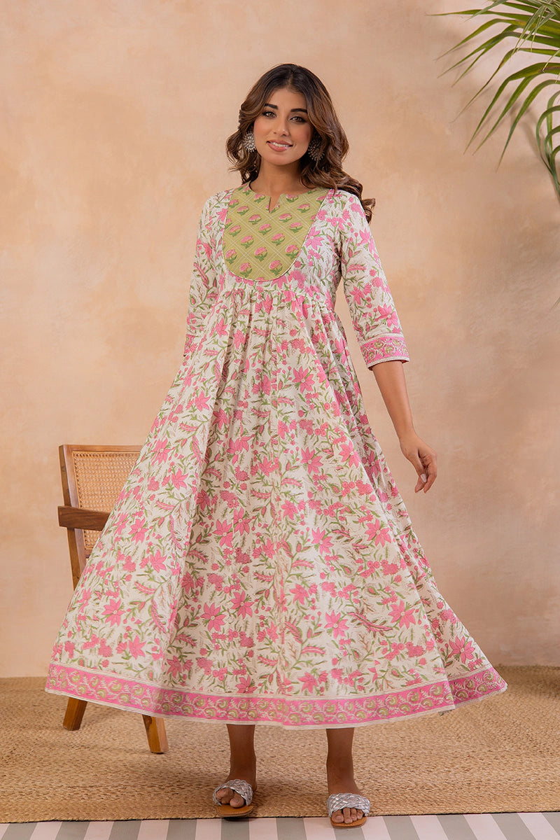 Olive Green Hand Block Anarkali Kurta