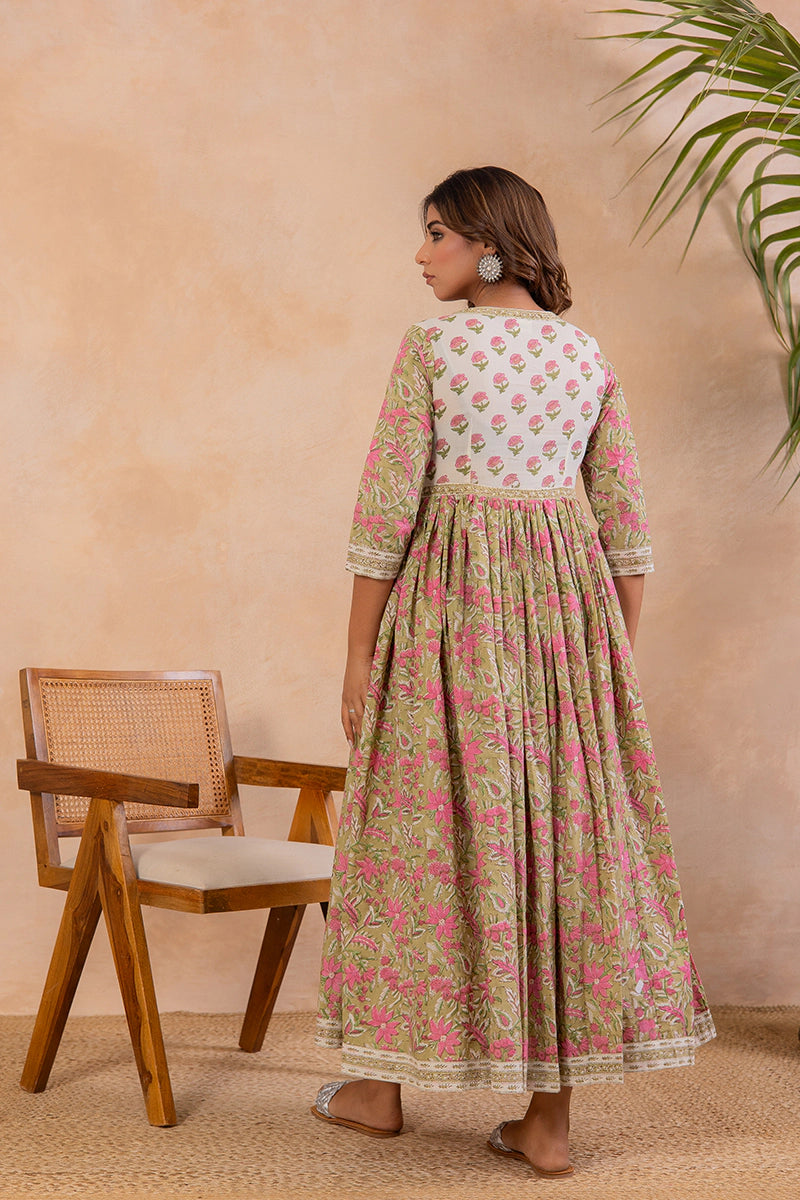 Olive Green Hand Block Printed Flared Anarkali Cotton Kurta