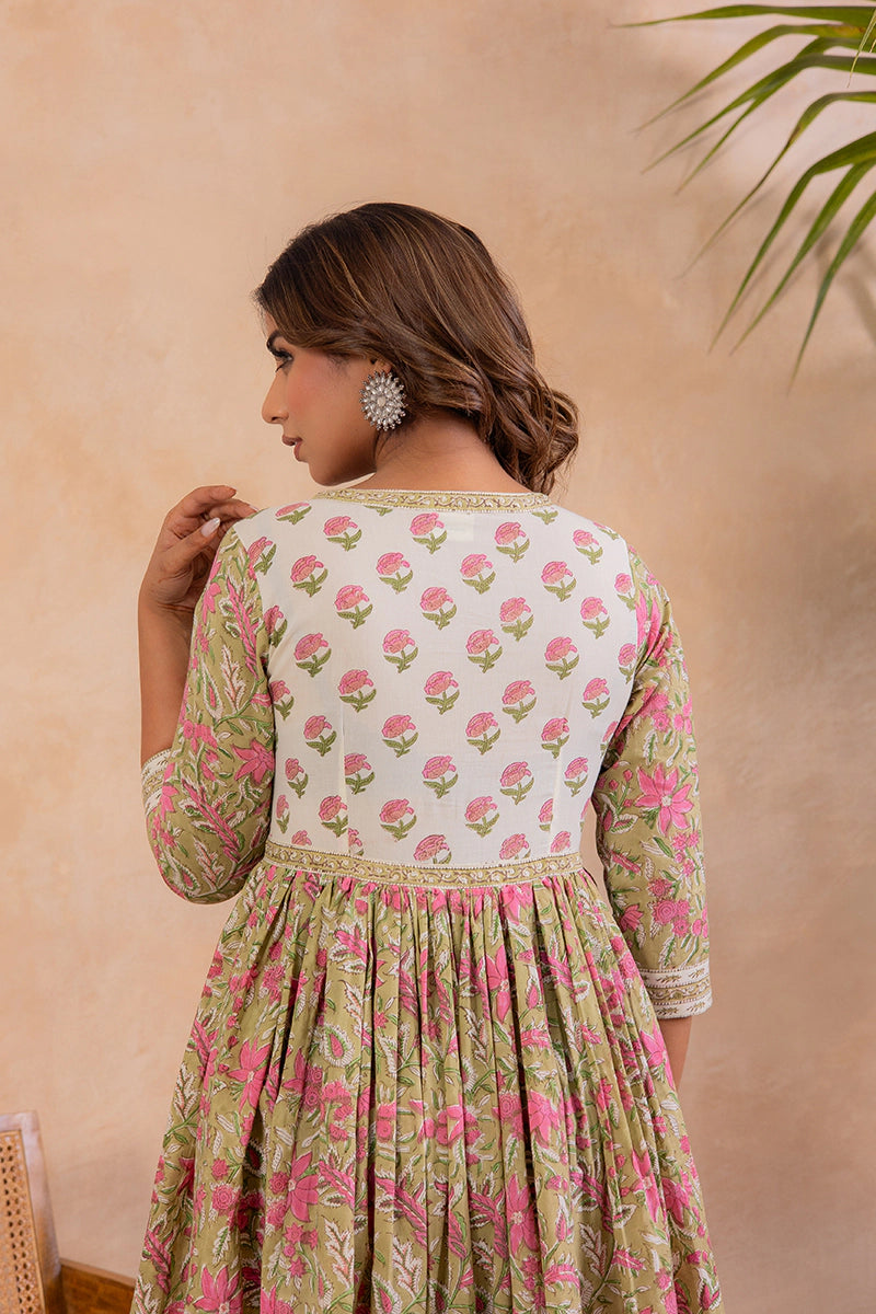 Olive Green Hand Block Printed Flared Anarkali Cotton Kurta