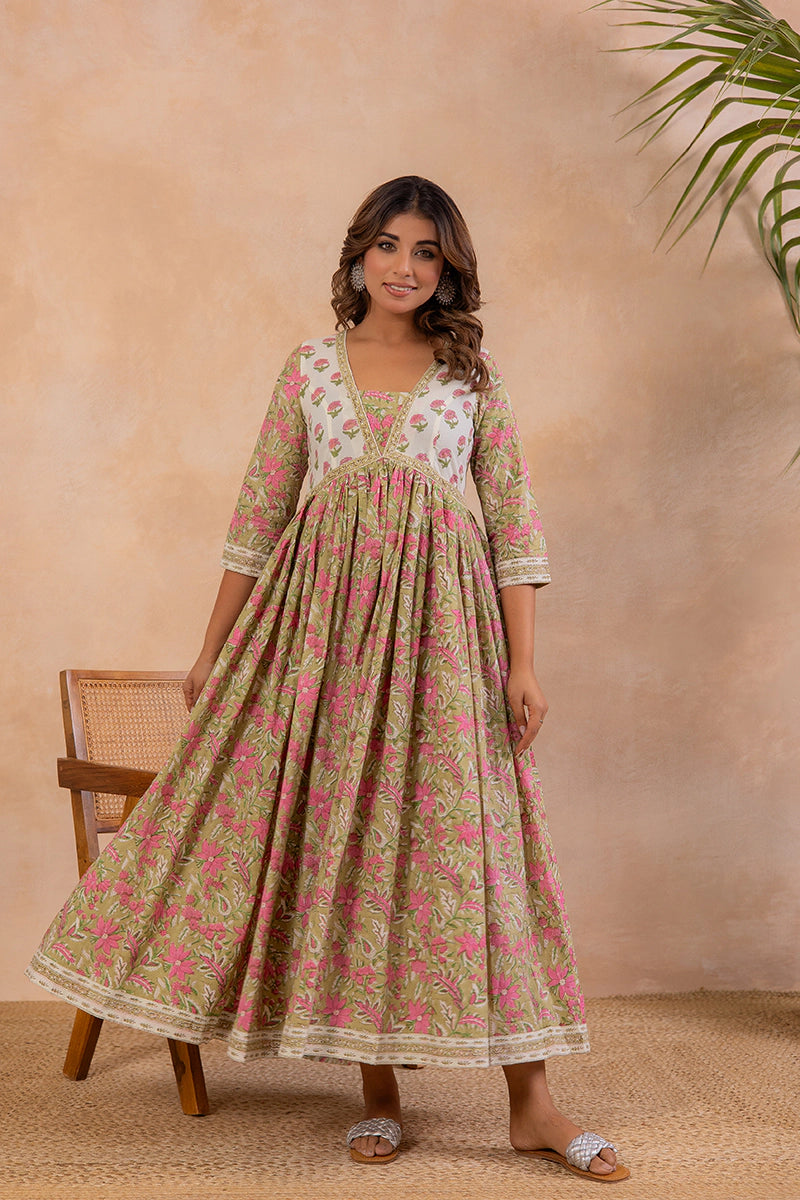 Olive Green Hand Block Printed Flared Anarkali Cotton Kurta