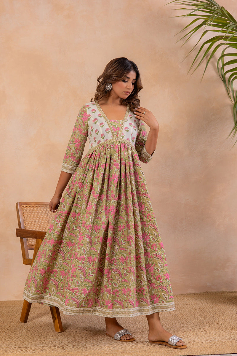 Olive Green Hand Block Printed Flared Anarkali Cotton Kurta