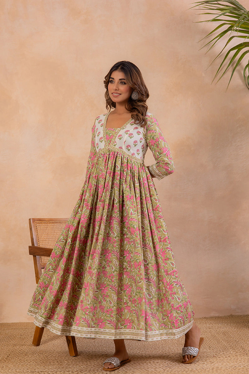 Olive Green Hand Block Printed Flared Anarkali Cotton Kurta