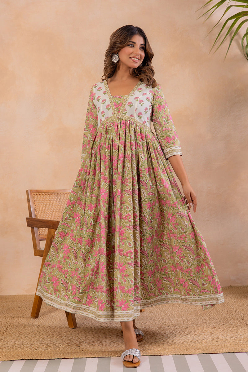 Olive Green Hand Block Printed Flared Anarkali Cotton Kurta