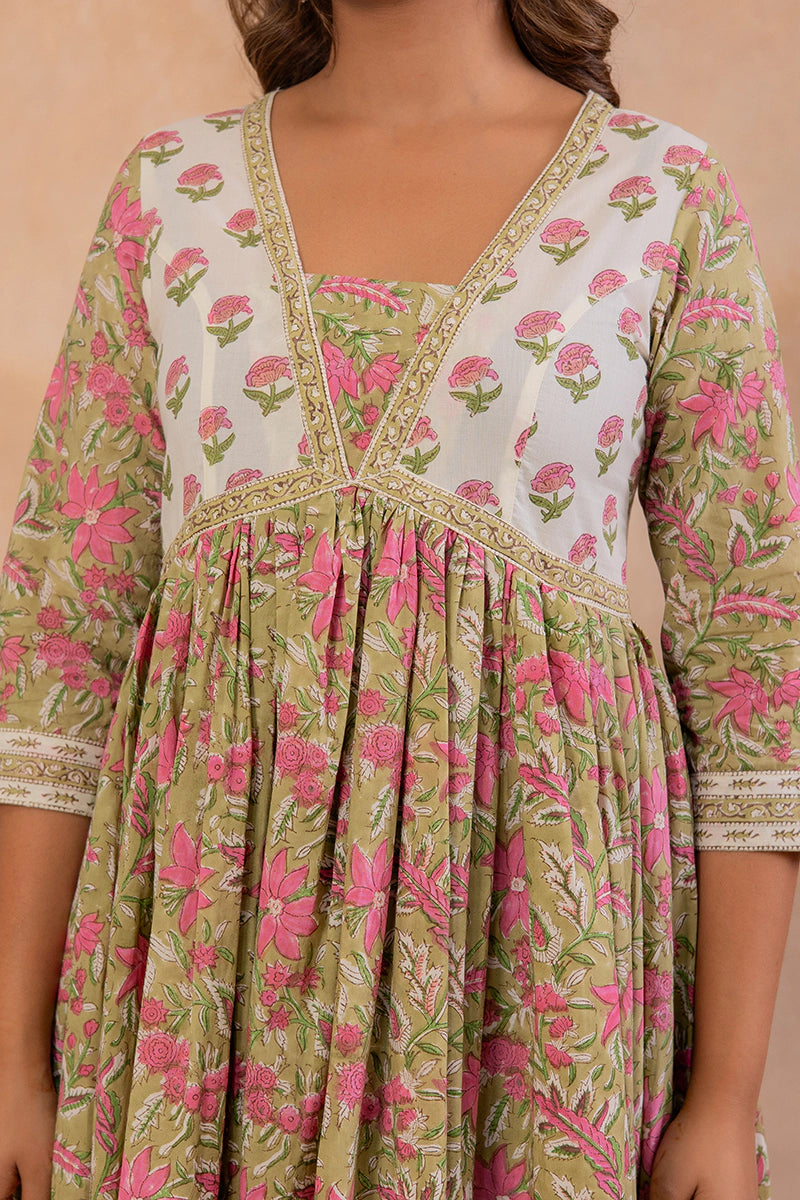 Olive Green Hand Block Printed Flared Anarkali Cotton Kurta