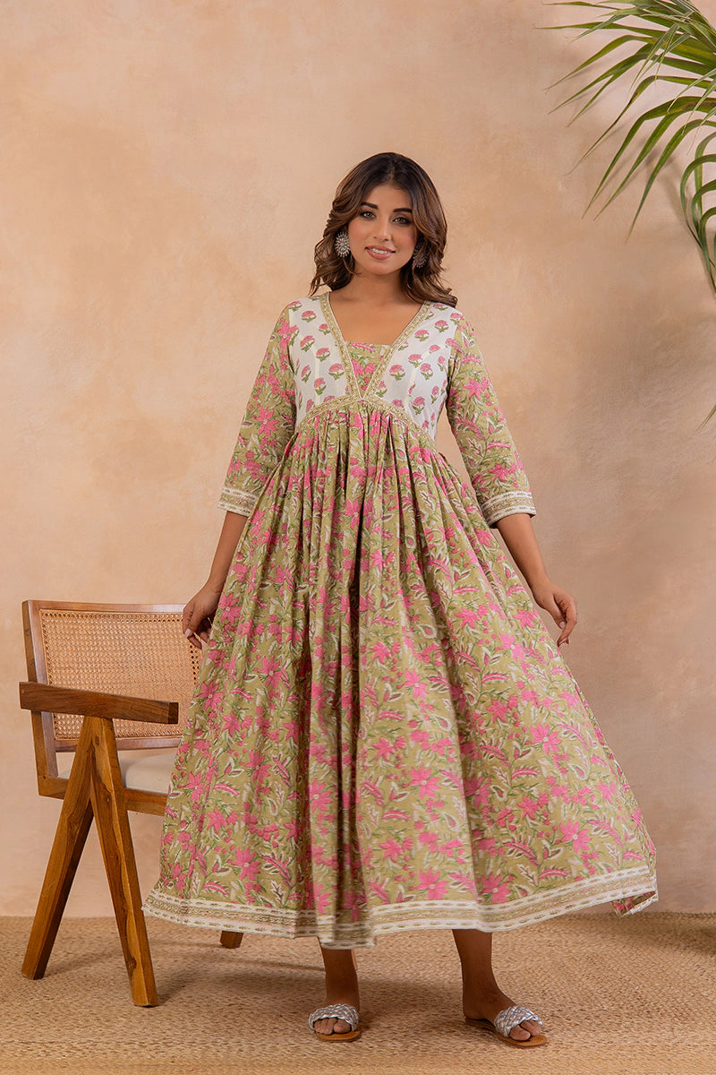 Olive Green Hand Block Printed Flared Anarkali Cotton Kurta