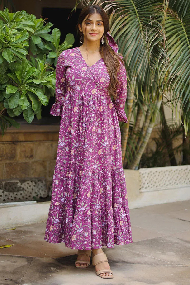 Fuchsia Long Printed Tired Dress With Gather