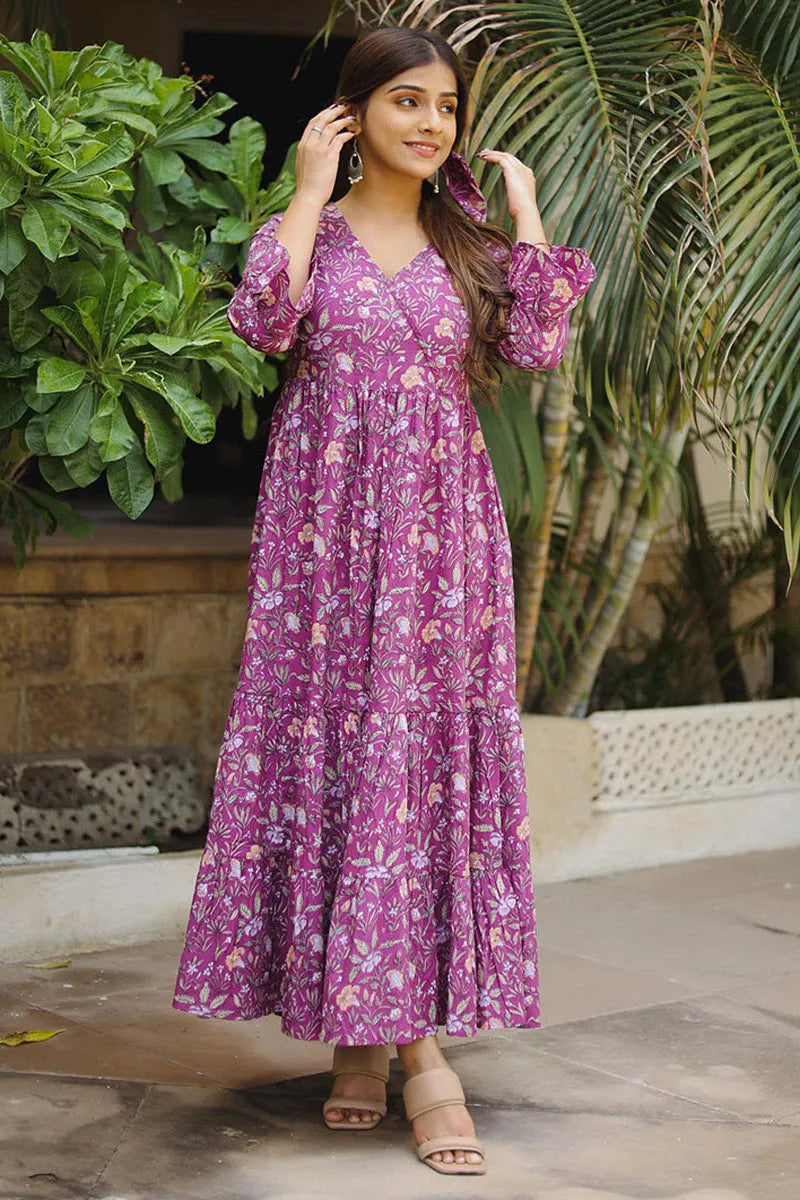 Fuchsia Long Printed Tired Dress With Gather
