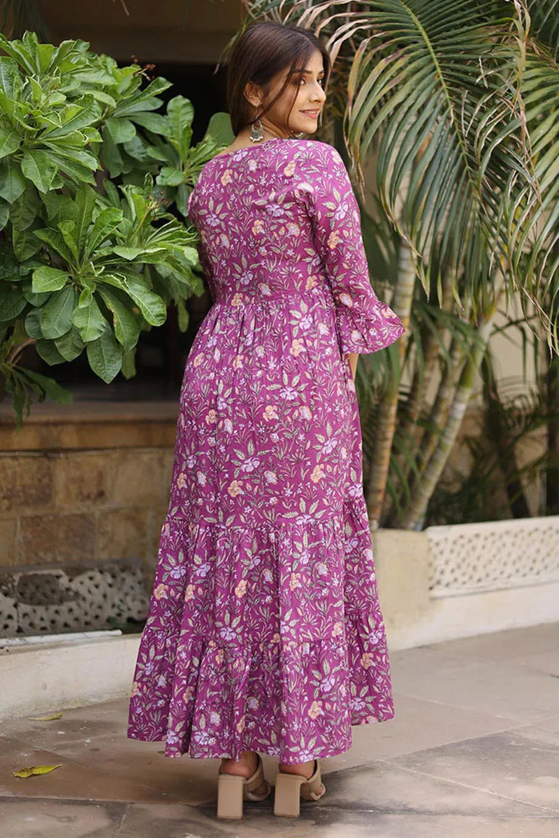 Fuchsia Long Printed Tired Dress With Gather
