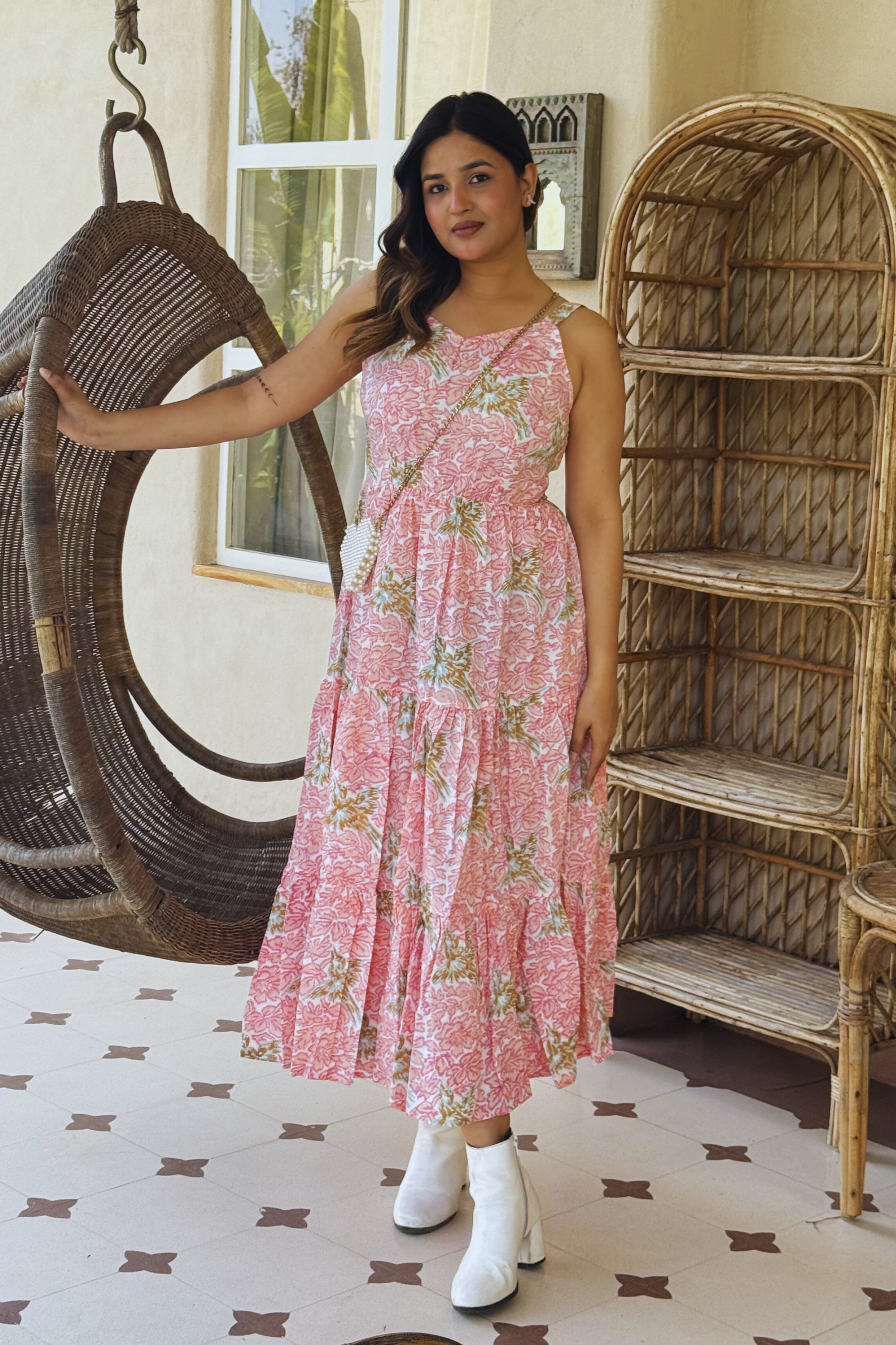 Blush Pink Sleeveless Dress in Hand Block Bird Print
