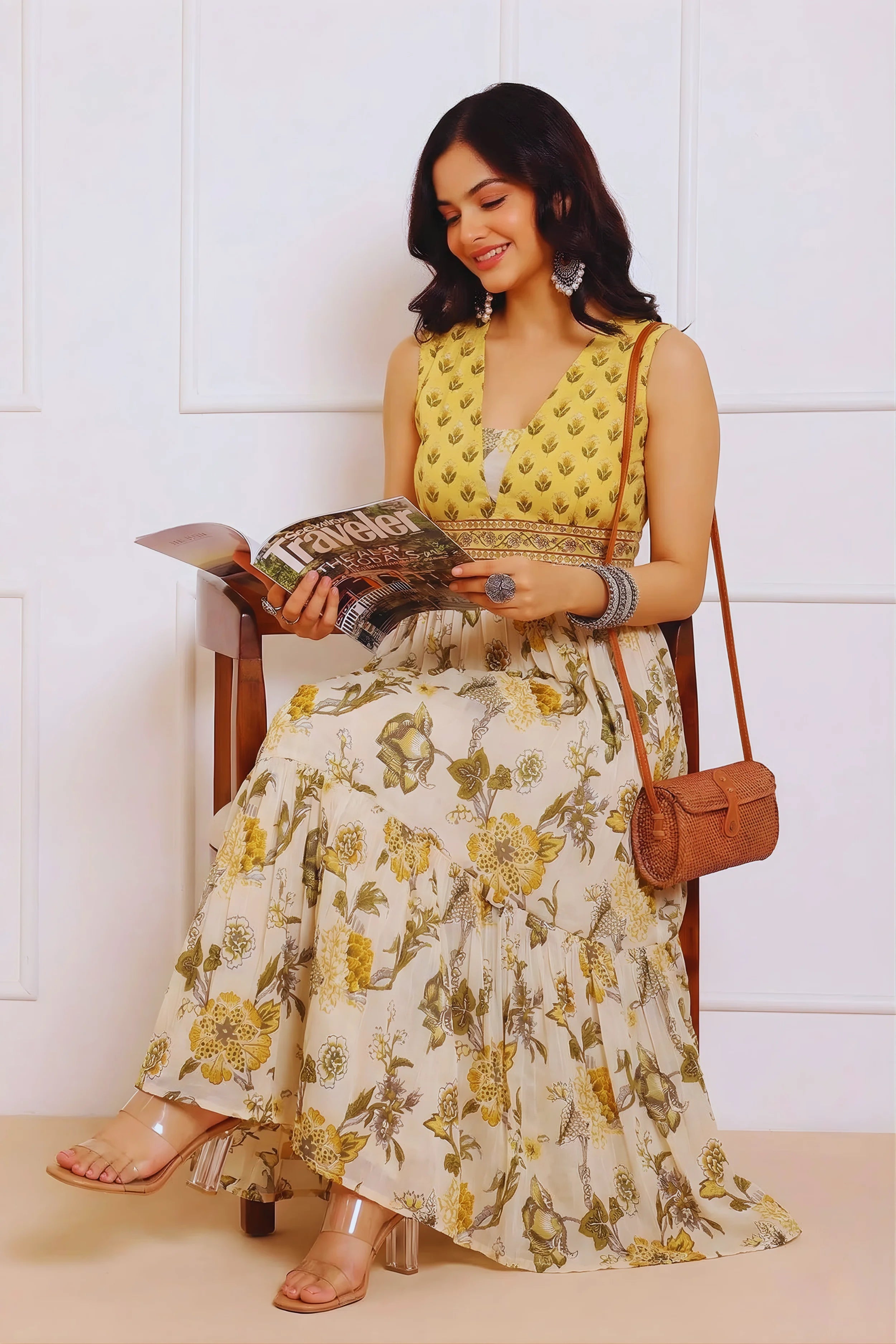 Light Yellow Floral Hand Printed Cotton Sleeveless Dress
