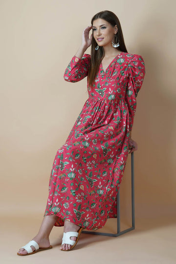 Red Floral Hand Printed V-Neck Dress With Gathered Shoulder