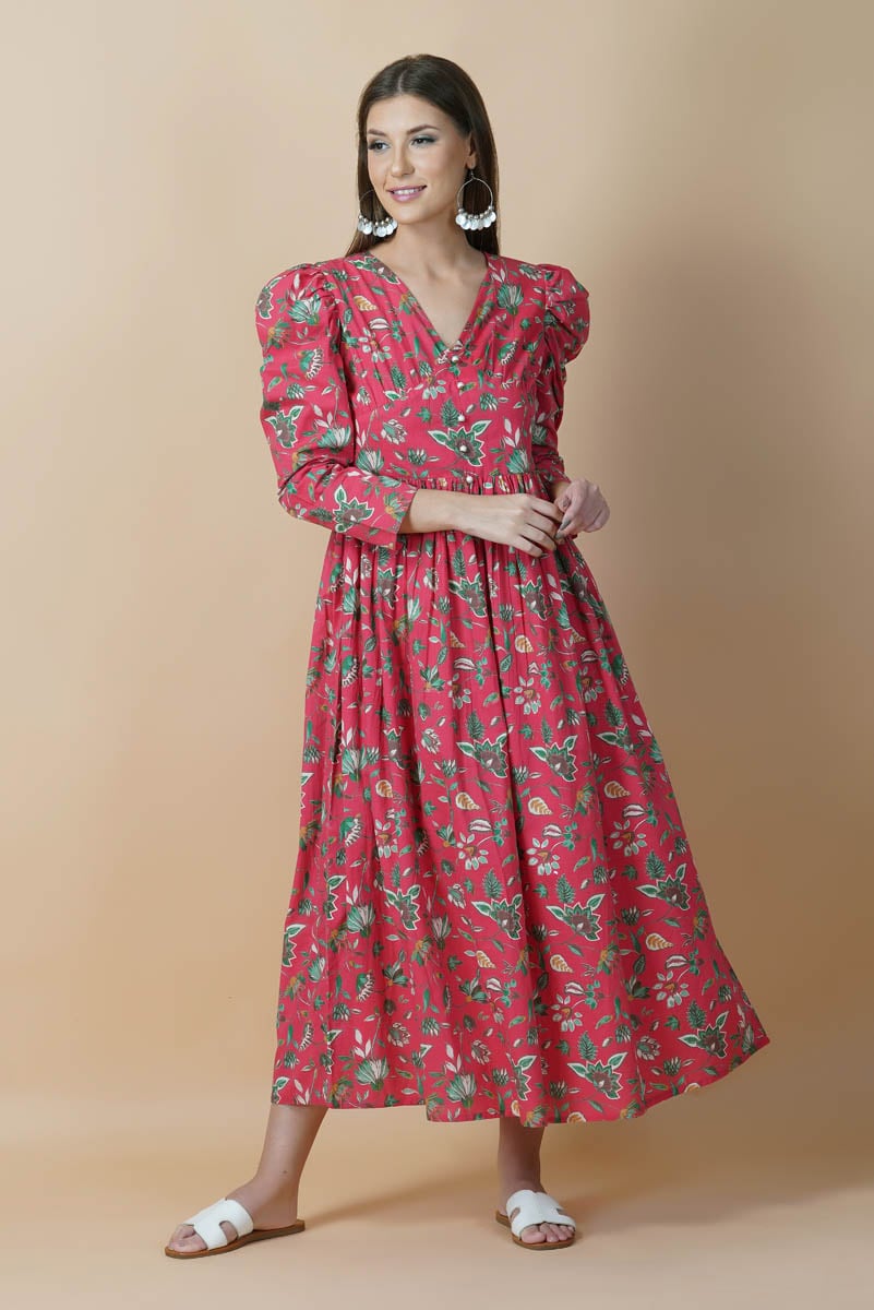 Red Floral Hand Printed V-Neck Dress With Gathered Shoulder