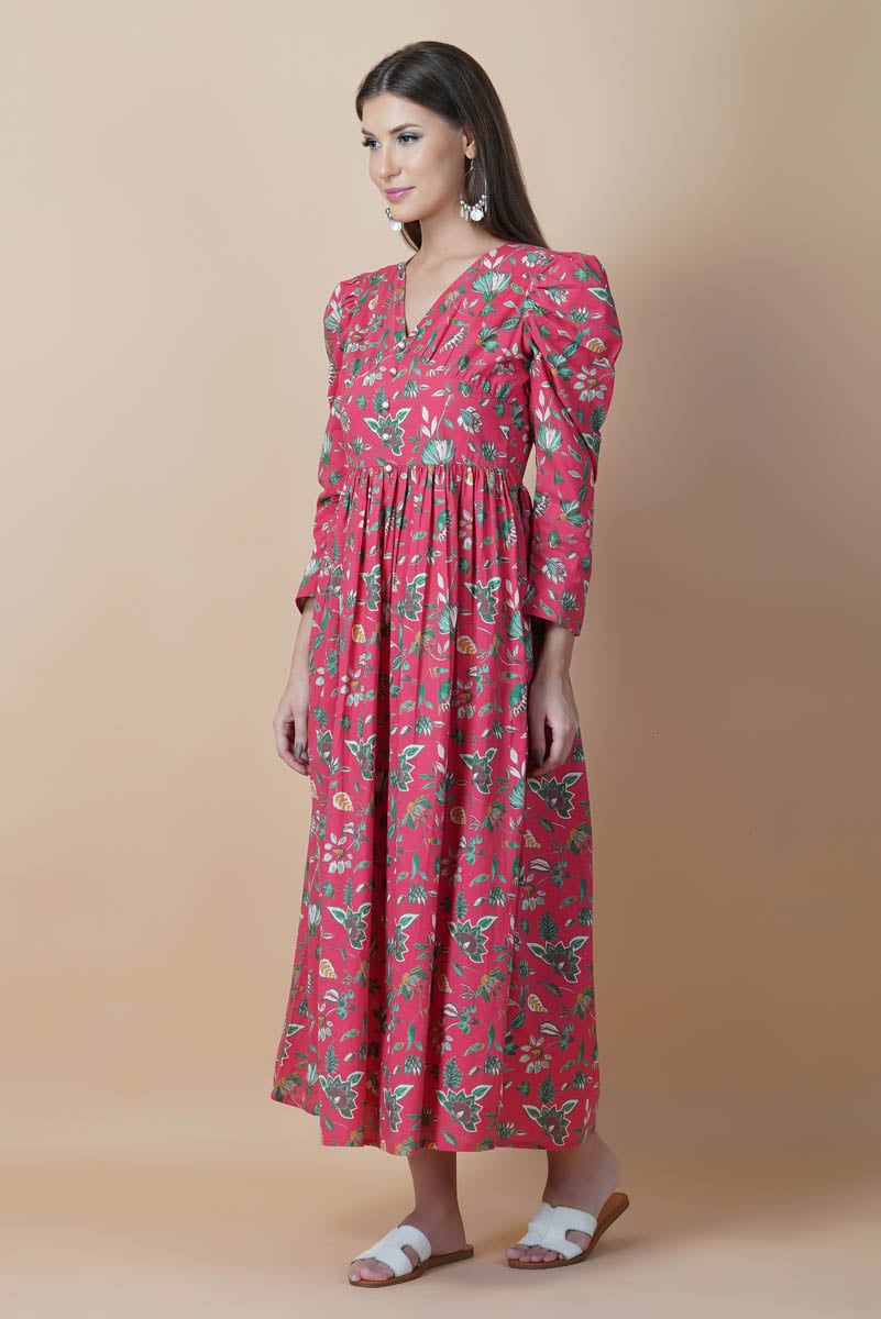 Red Floral Hand Printed V-Neck Dress With Gathered Shoulder