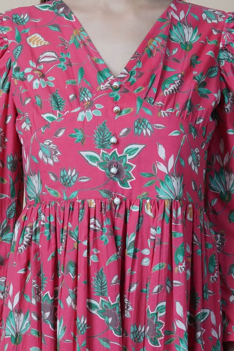 Red Floral Hand Printed V-Neck Dress With Gathered Shoulder