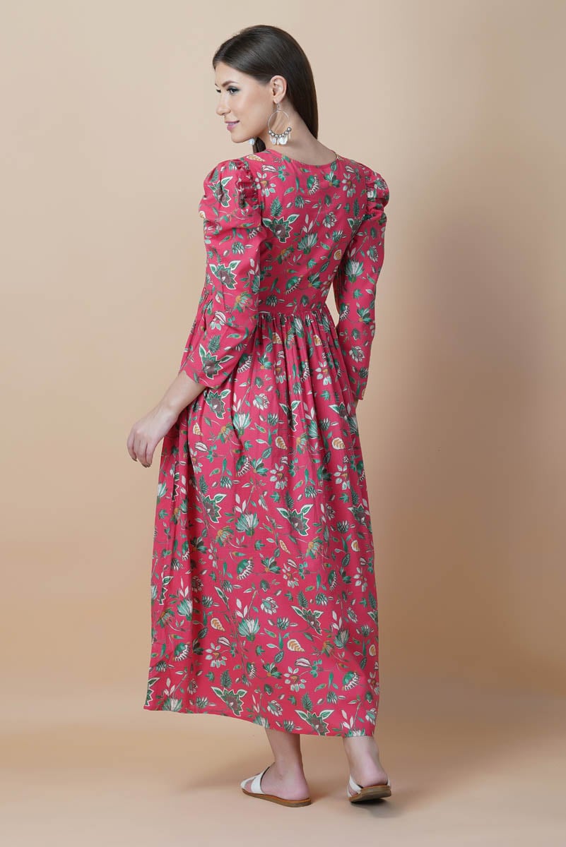 Red Floral Hand Printed V-Neck Dress With Gathered Shoulder