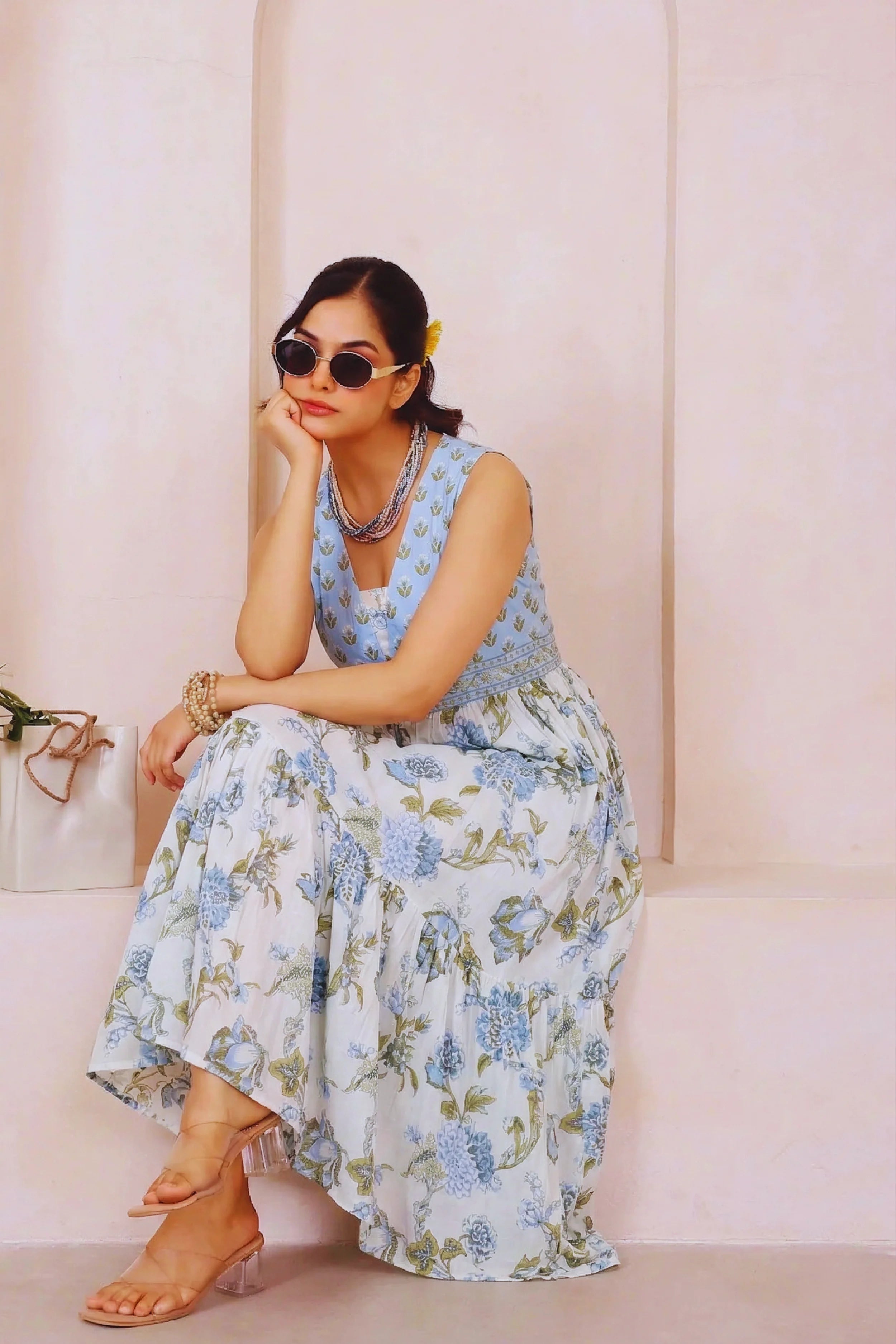 Light Blue Floral Hand Printed Cotton Sleeveless Dress
