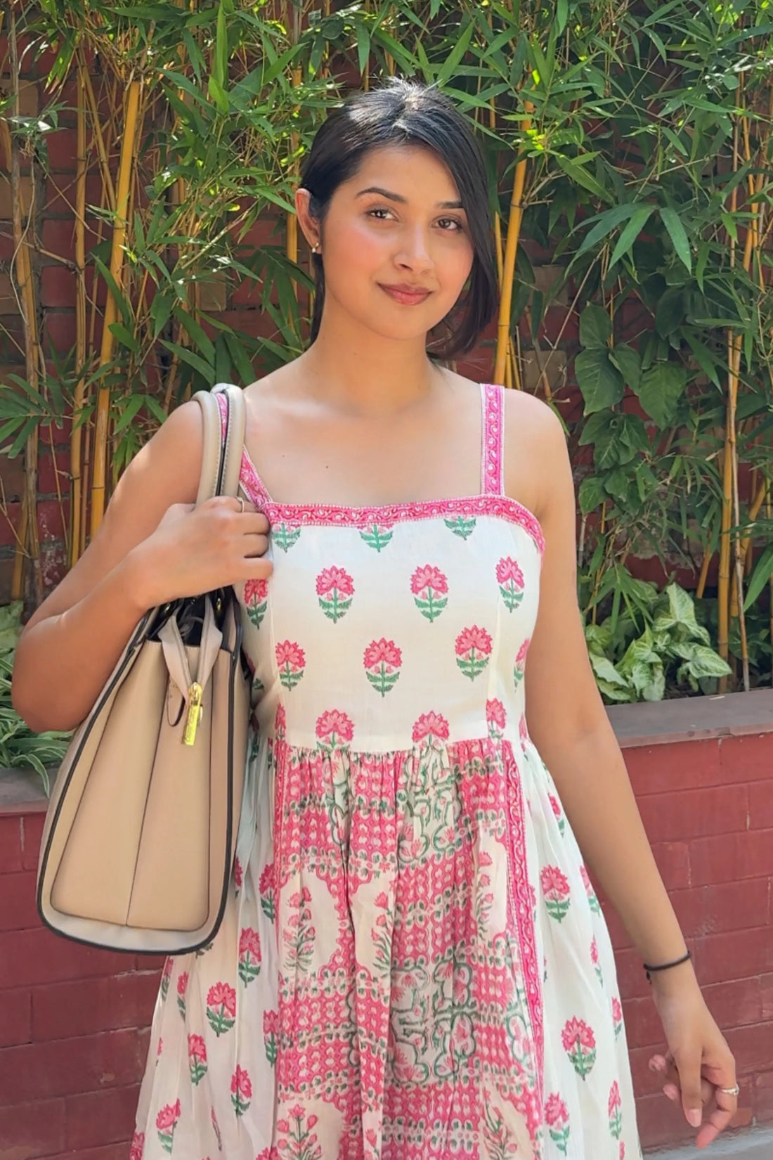 Light Pink Hand Block Floral Printed Sleeveless Tiered Midi Dress