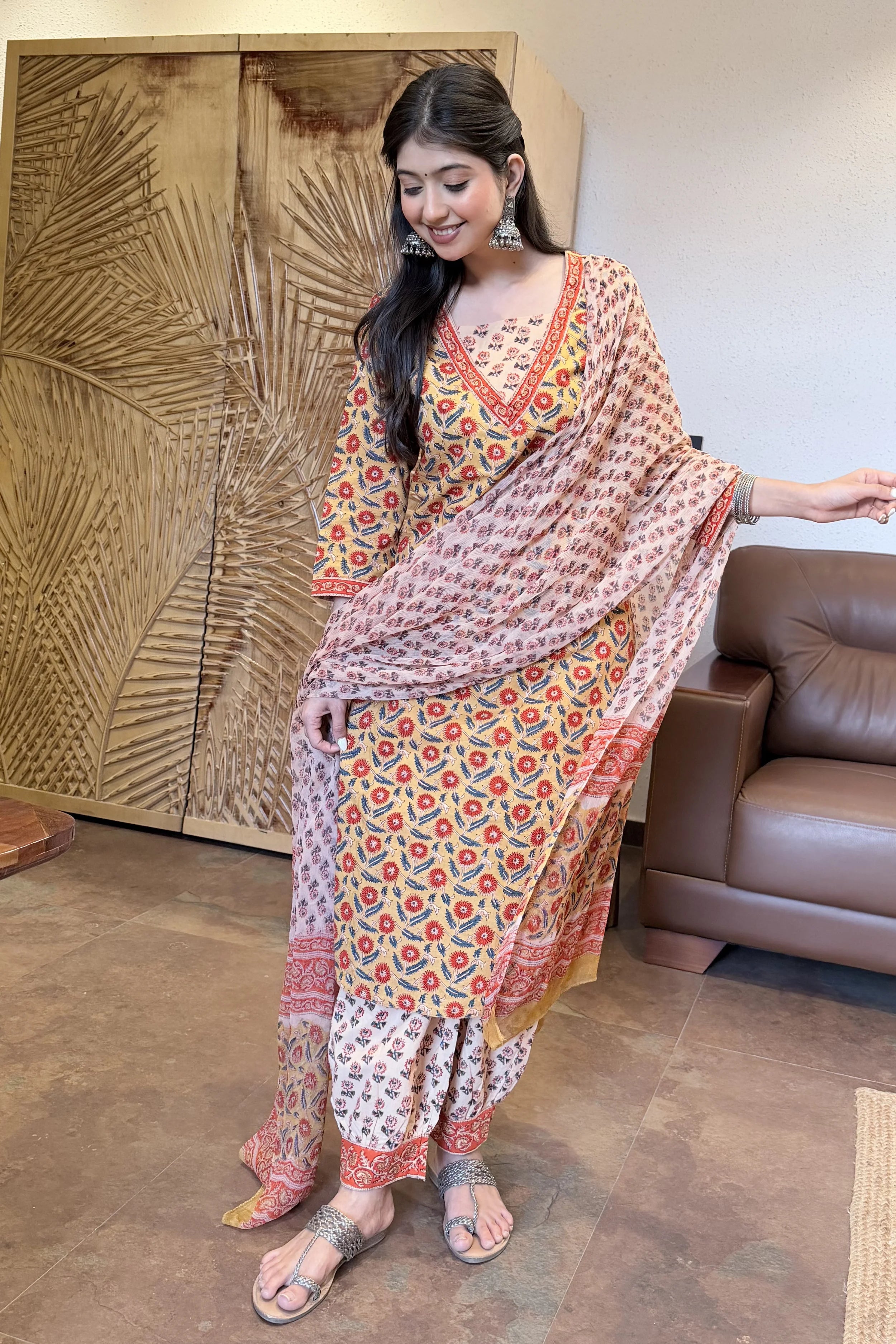 Mustard Floral Printed Hand Block Kurta Set with Chiffon Dupatta
