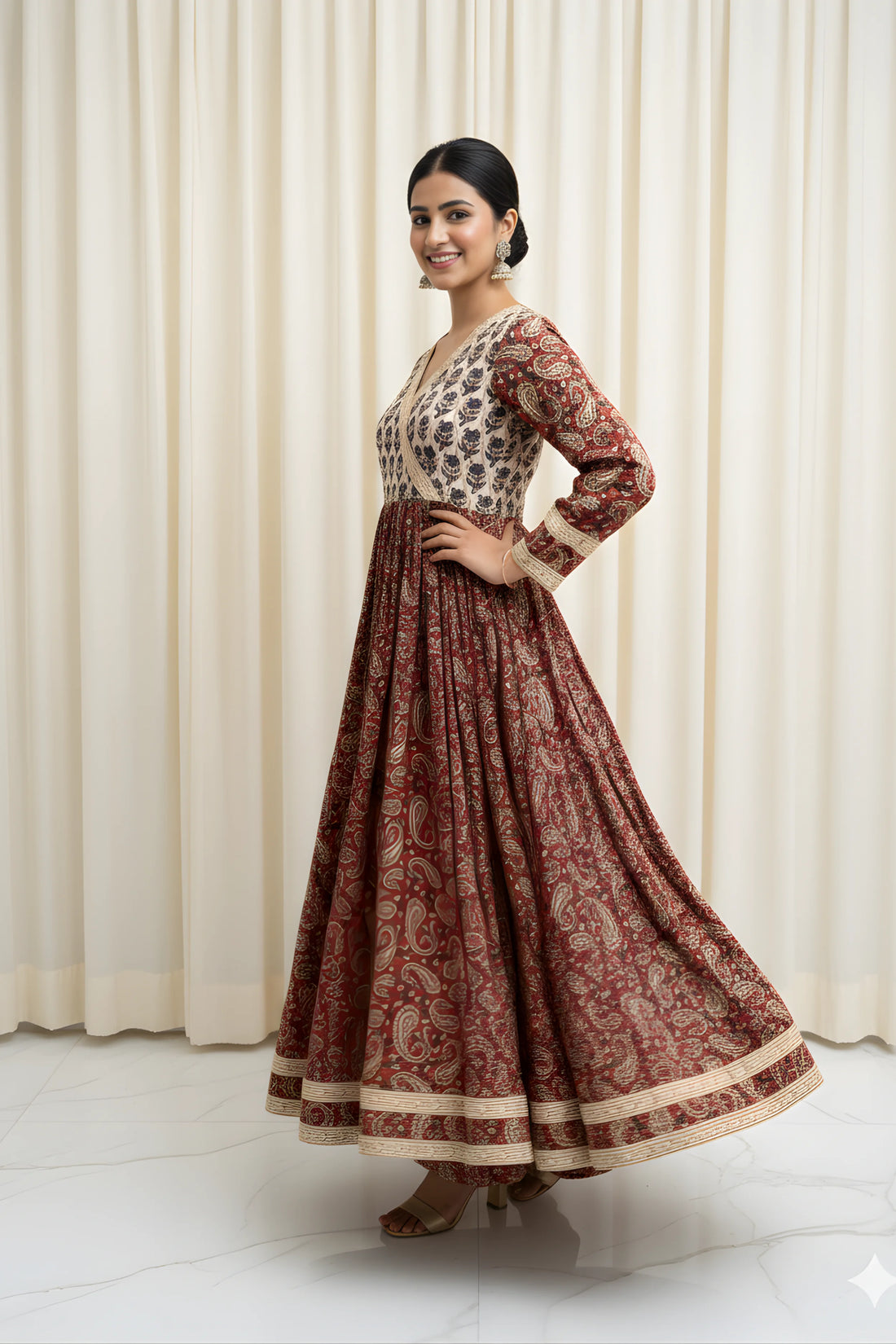 Red Hand Block Printed Anarkali kurta.