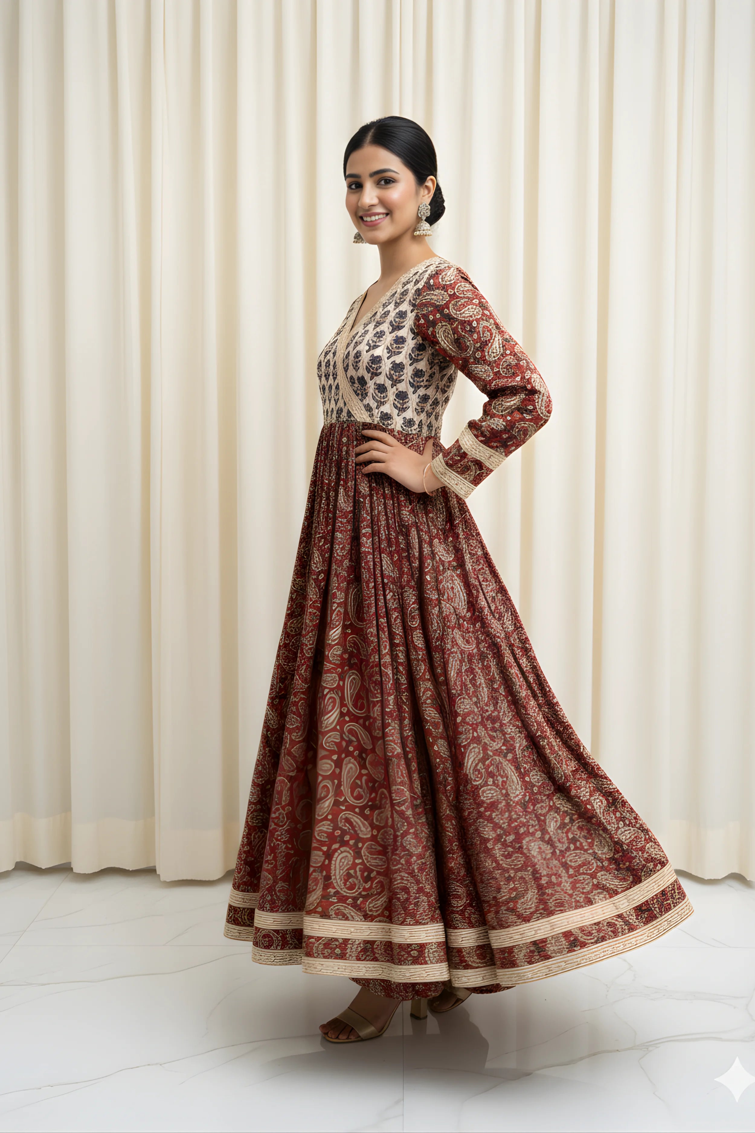 Red Hand Block Printed Anarkali kurta.